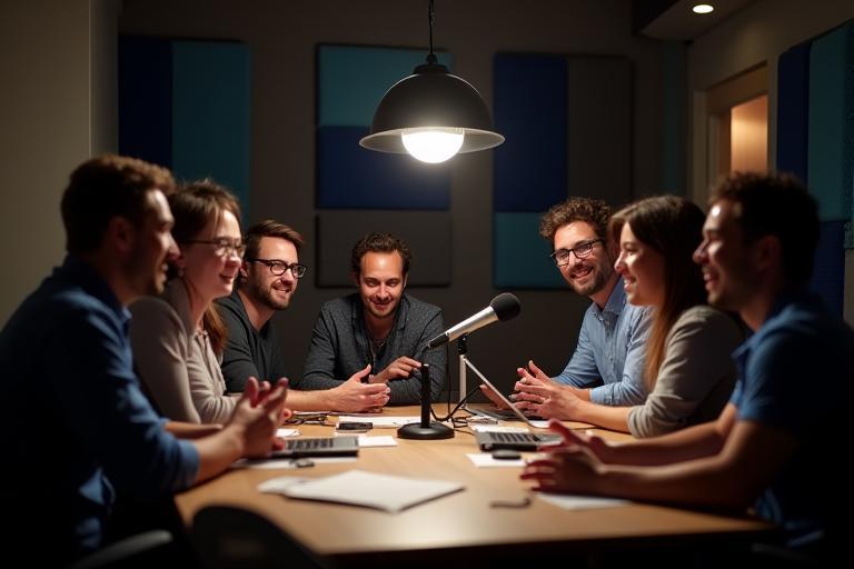Equipe da Academia Podcast Brasil colaborando em um estúdio de podcast
