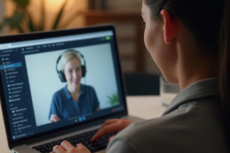Pessoa em uma consulta online sobre podcasting, interagindo com um notebook